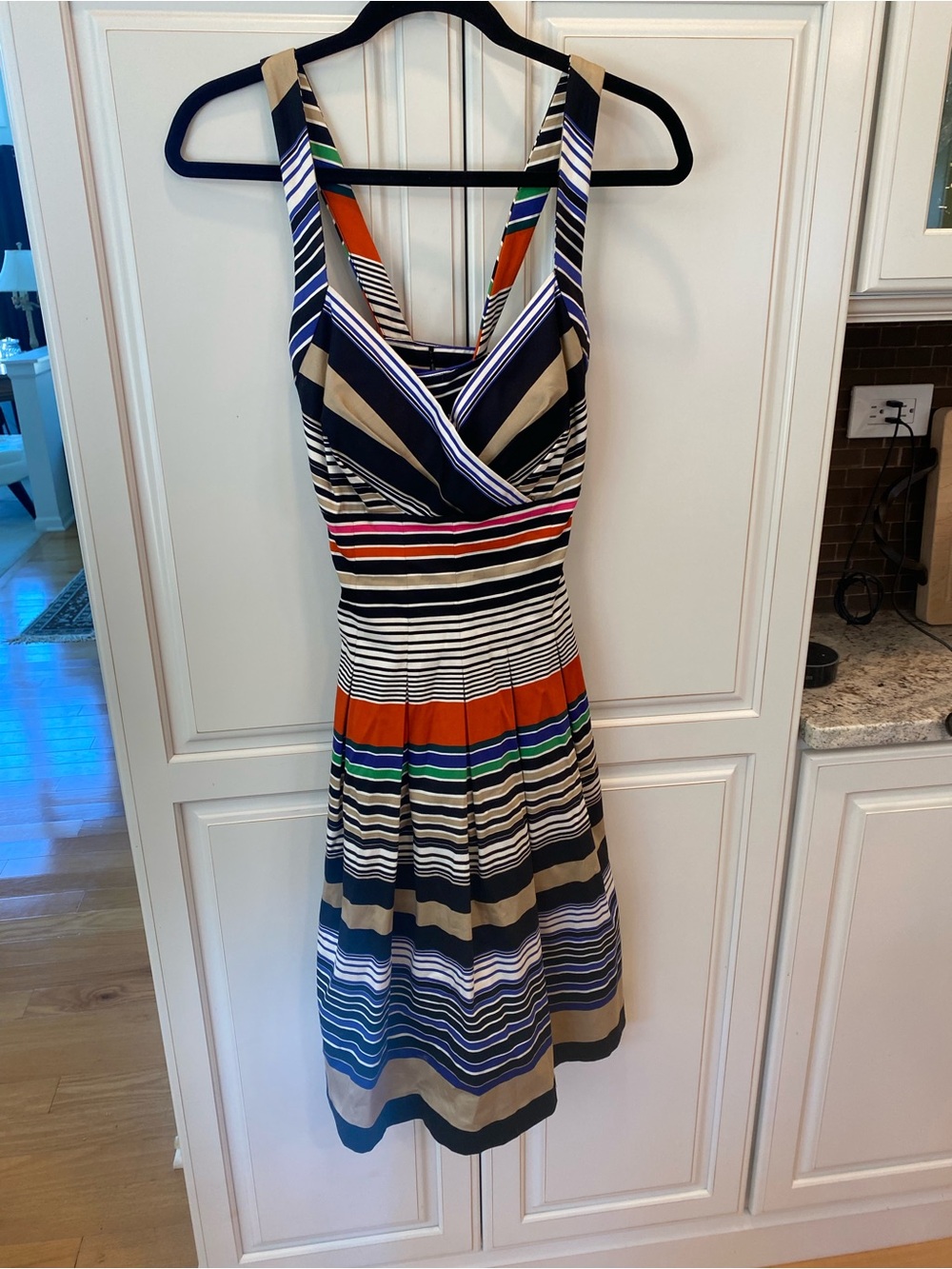 Calvin Klein Striped Sleeveless Midi Dress in Navy, Orange, Green and Cream